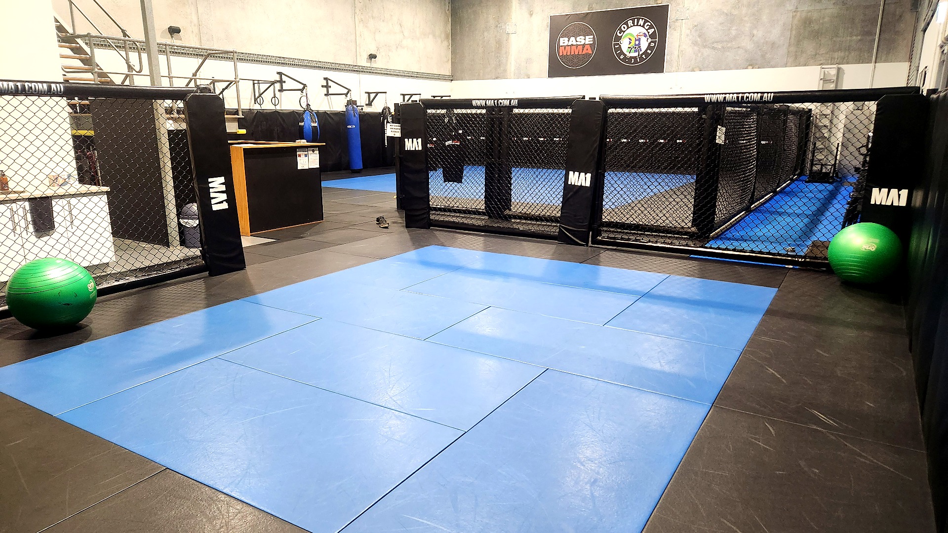 Ground-level view across the BASE MMA cage and mat space